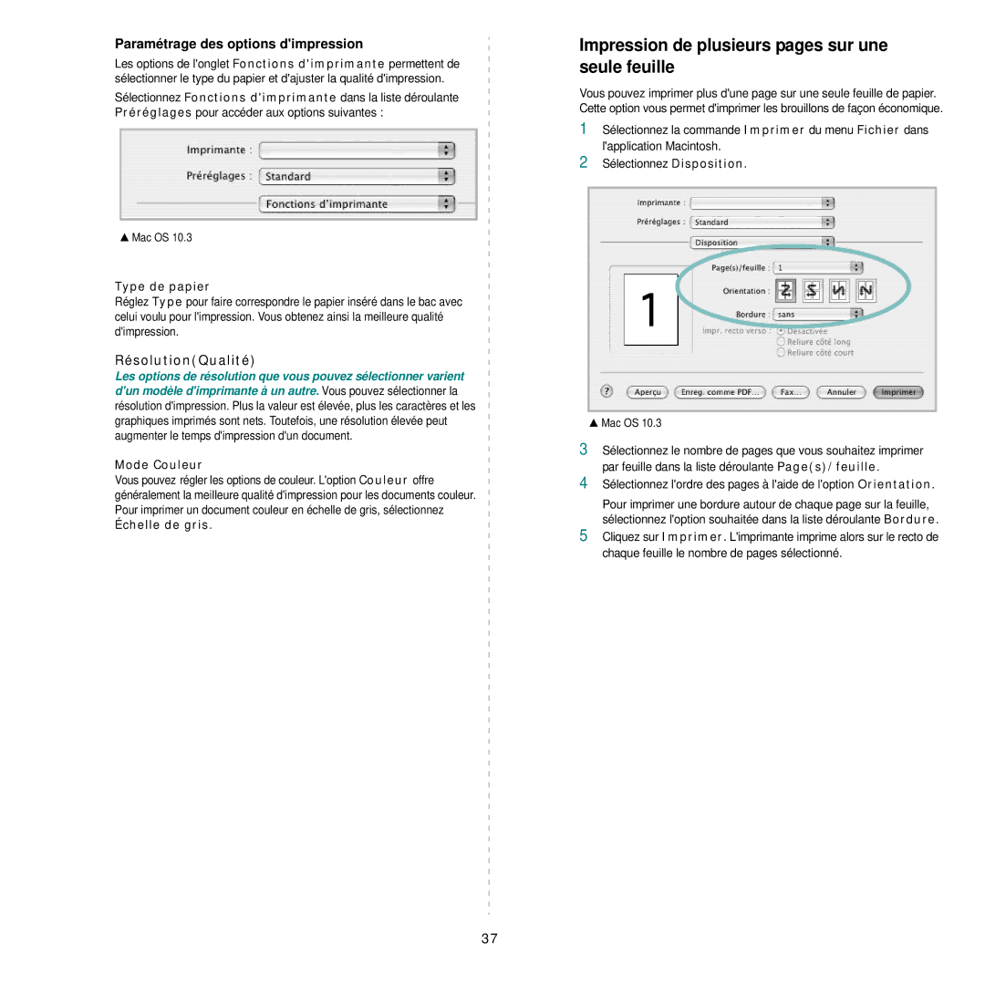 Samsung CLP-300 manual Impression de plusieurs pages sur une seule feuille, RésolutionQualité 