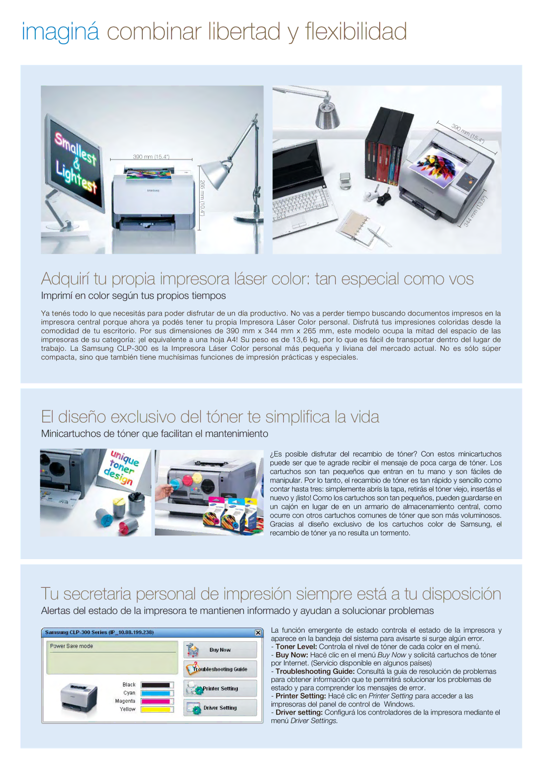 Samsung CLP-300 manual Imaginá combinar libertad y flexibilidad, Imprimí en color según tus propios tiempos 