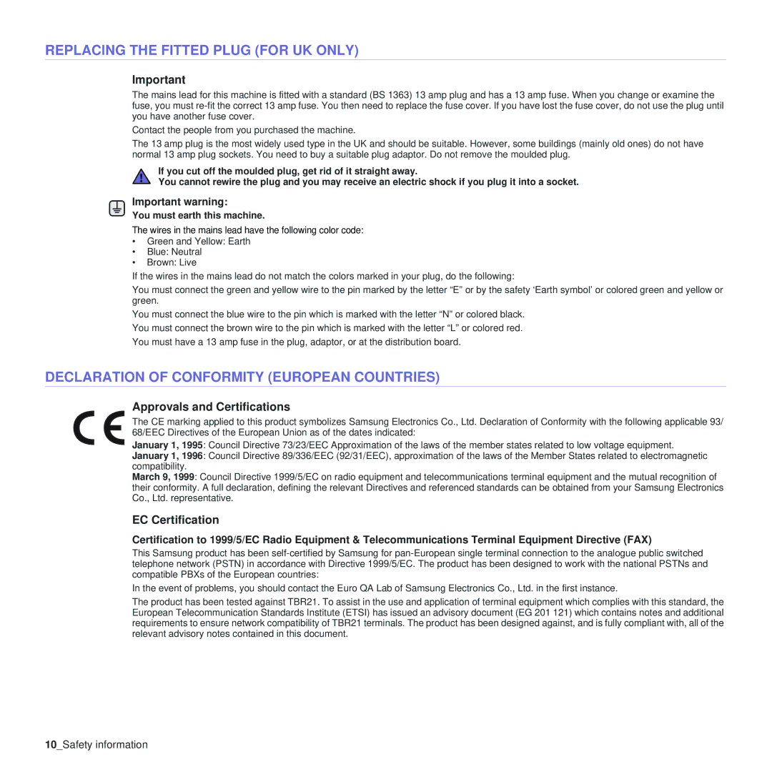 Samsung CLP-310 Replacing the Fitted Plug for UK only, Declaration of Conformity European Countries, EC Certification 