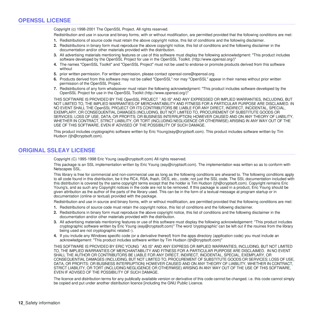 Samsung CLP-310 manual Openssl License, Original Ssleay License 