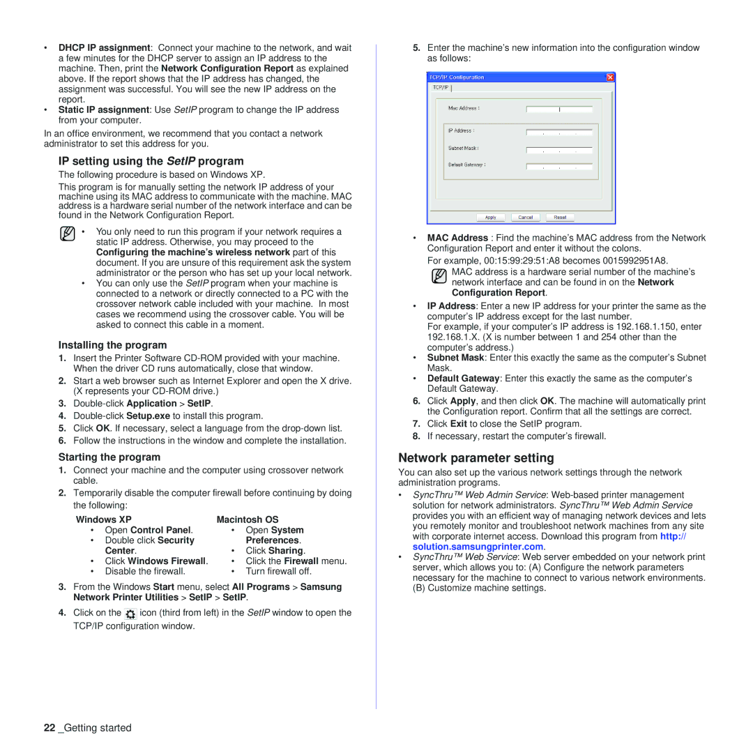 Samsung CLP-310 manual Network parameter setting, IP setting using the SetIP program 