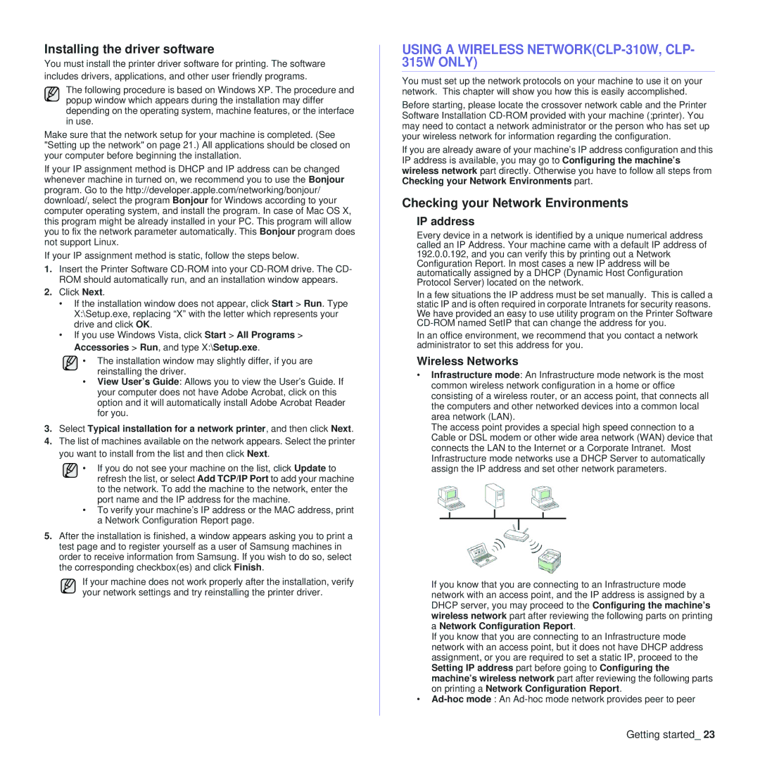 Samsung Using a Wireless NETWORKCLP-310W, CLP- 315W only, Installing the driver software, IP address, Wireless Networks 