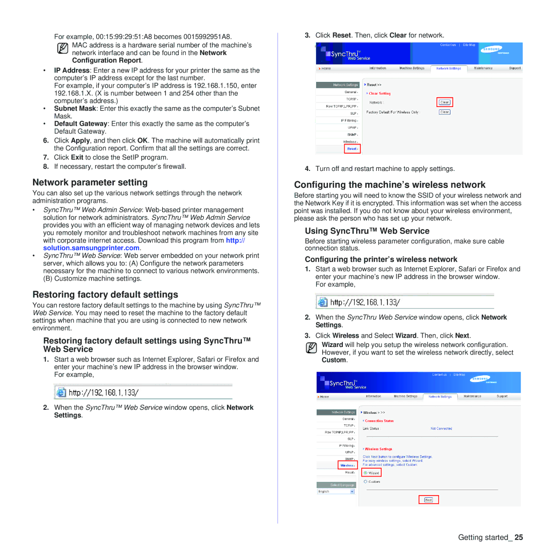 Samsung CLP-310 Restoring factory default settings, Configuring the machine’s wireless network, Using SyncThru Web Service 