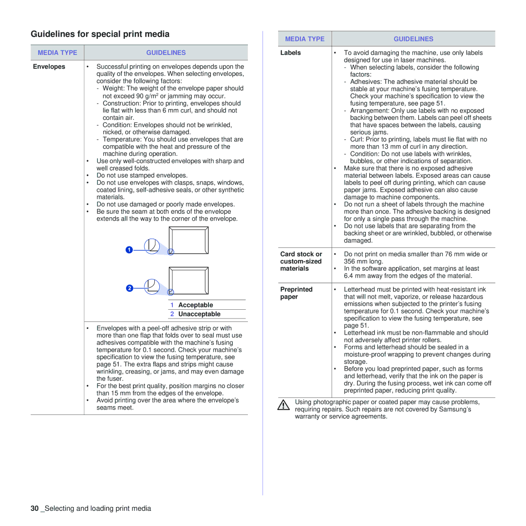 Samsung CLP-310 manual Guidelines for special print media, Media Type Guidelines 