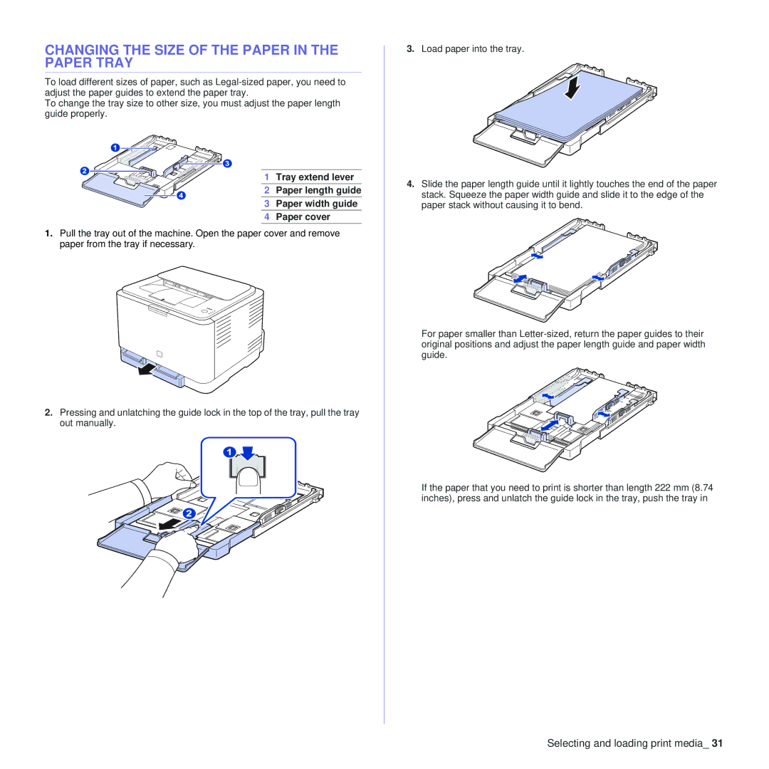 Samsung CLP-310 manual Changing the Size of the Paper in the Paper Tray 