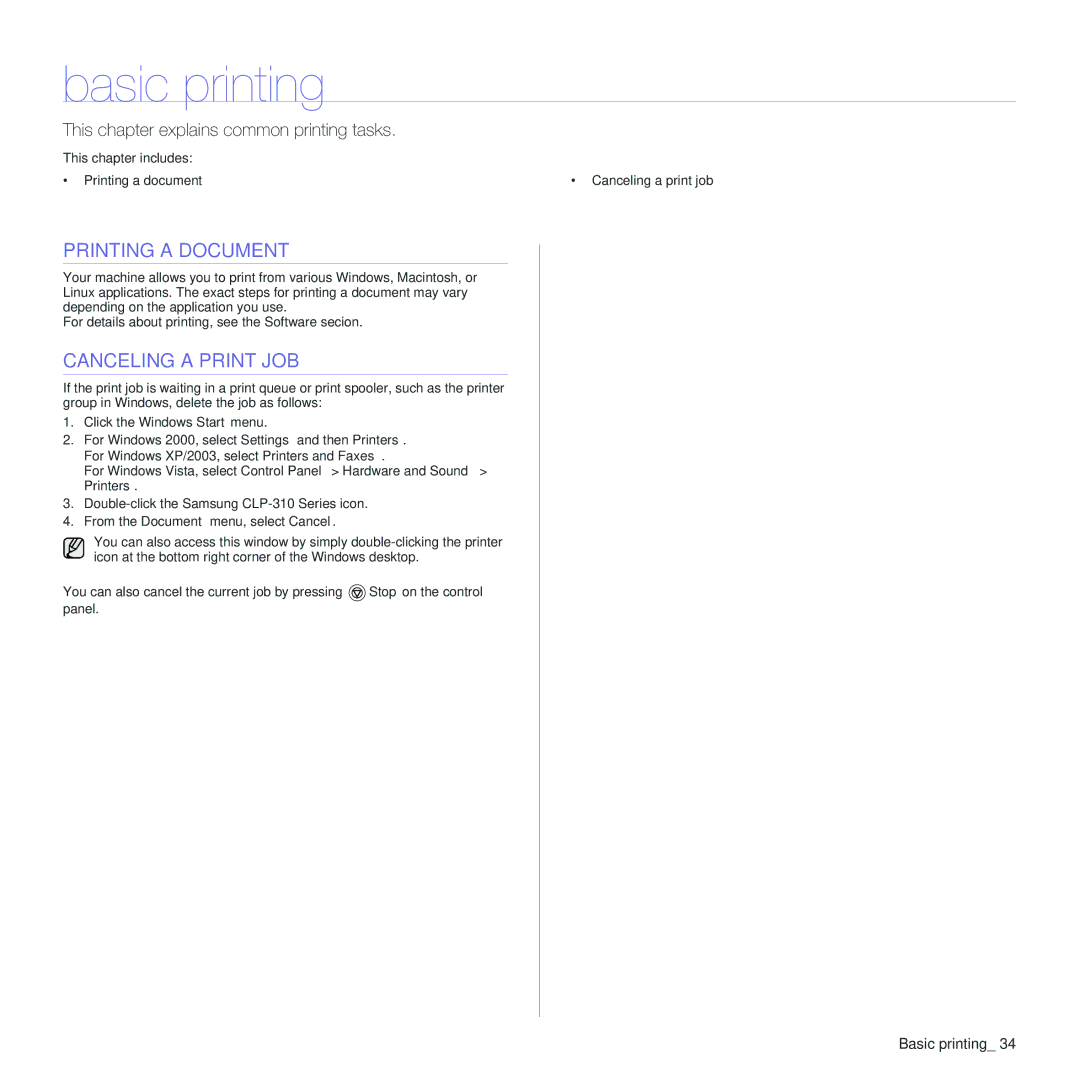 Samsung CLP-310 manual Basic printing, Printing a Document, Canceling a Print JOB 