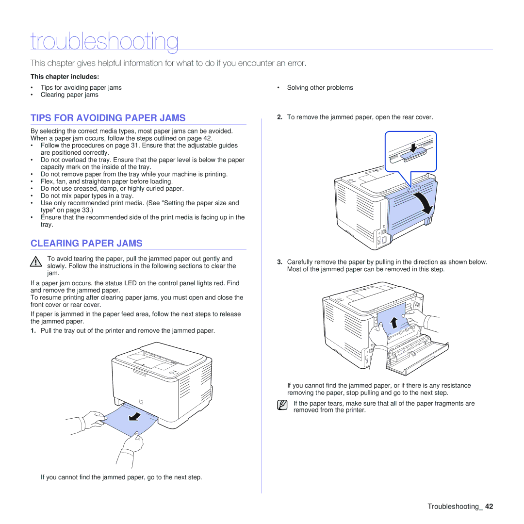 Samsung CLP-310 manual Troubleshooting, Tips for Avoiding Paper Jams, Clearing Paper Jams 