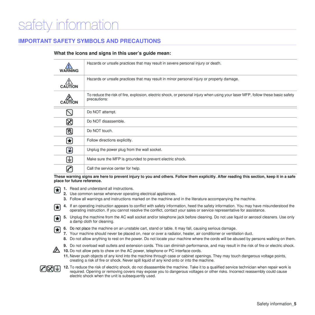 Samsung CLP-310 manual Safety information, Important Safety Symbols and Precautions 