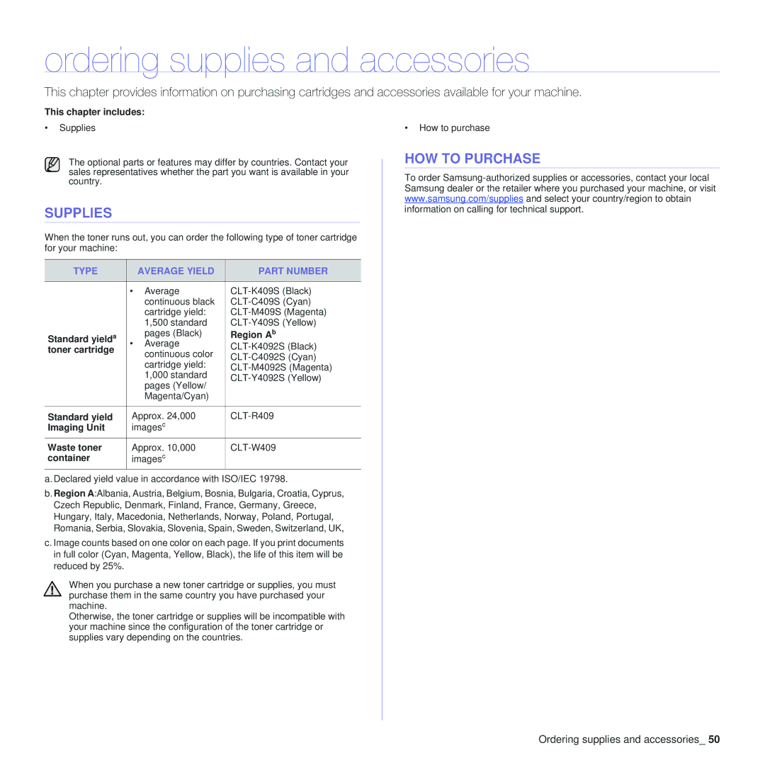 Samsung CLP-310 manual Ordering supplies and accessories, Supplies, HOW to Purchase, Type Average Yield Part Number 