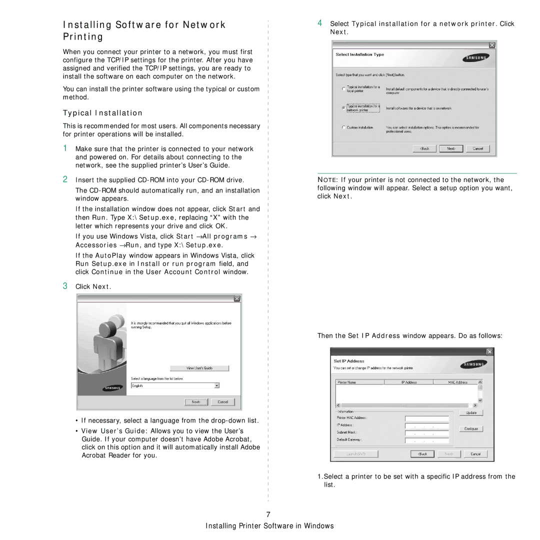 Samsung CLP-310 manual Installing Software for Network Printing 