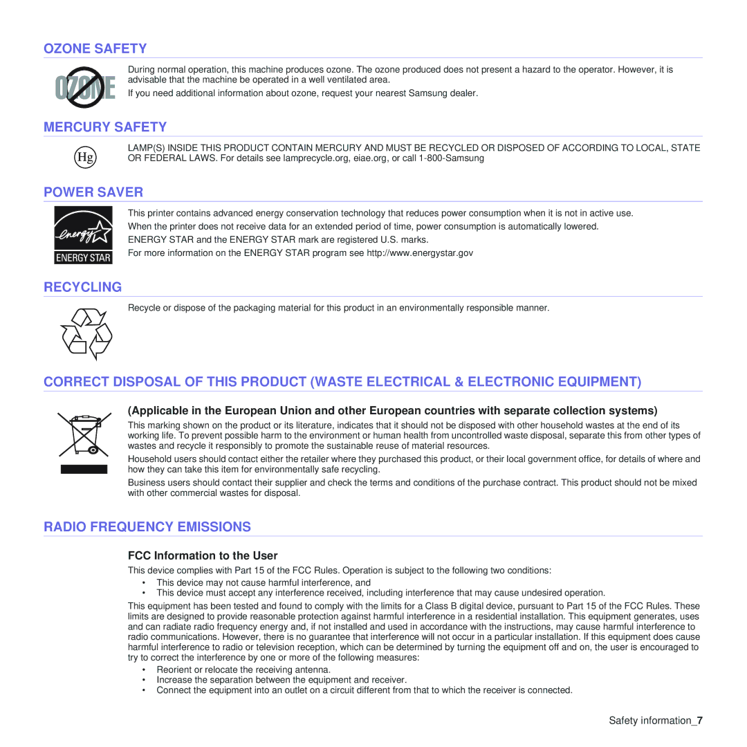 Samsung CLP-310 manual Ozone Safety, Mercury Safety, Power Saver, Recycling, Radio Frequency Emissions 