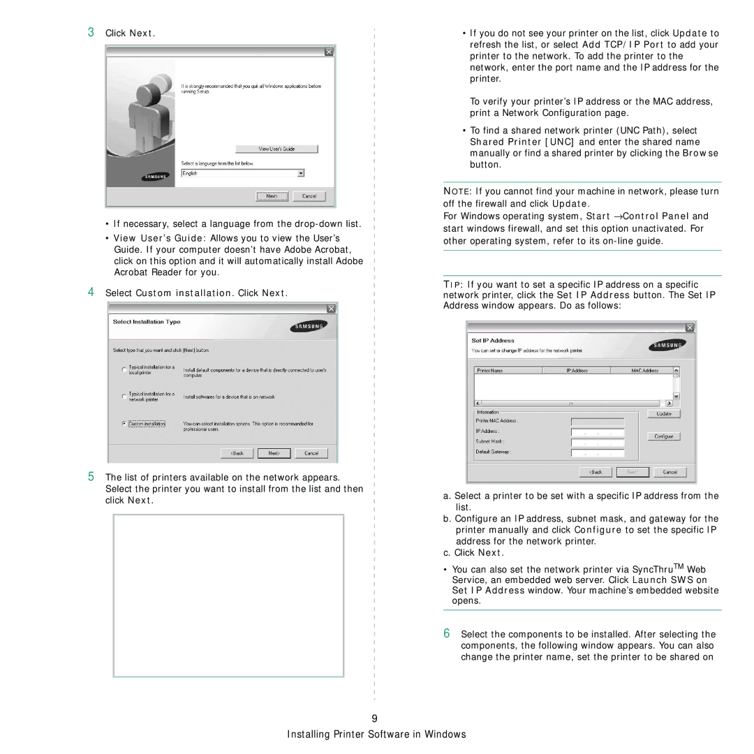 Samsung CLP-310 manual Select Custom installation. Click Next 