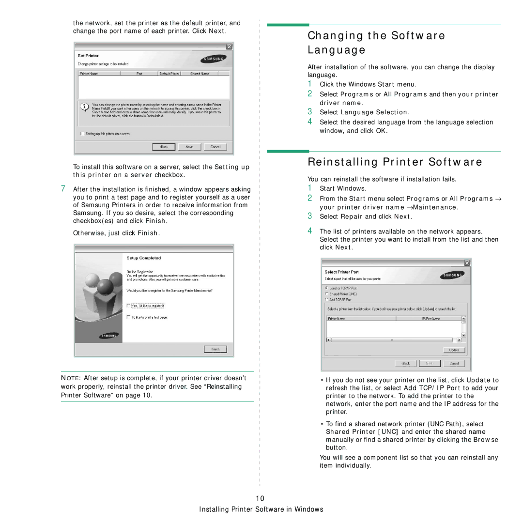 Samsung CLP-310 manual Changing the Software Language, Reinstalling Printer Software 