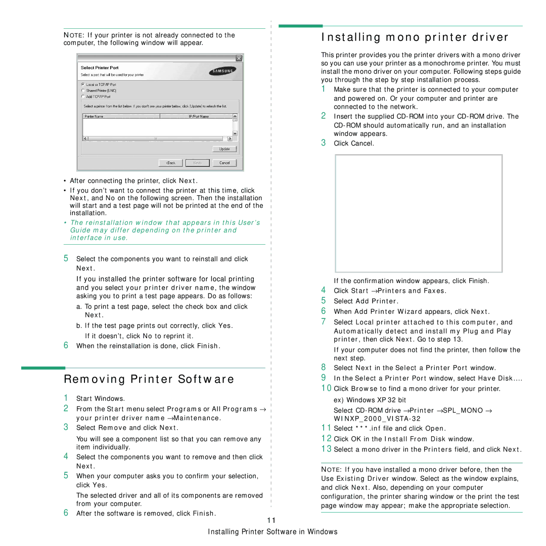 Samsung CLP-310 Removing Printer Software, Installing mono printer driver, Click OK in the Install From Disk window, Next 