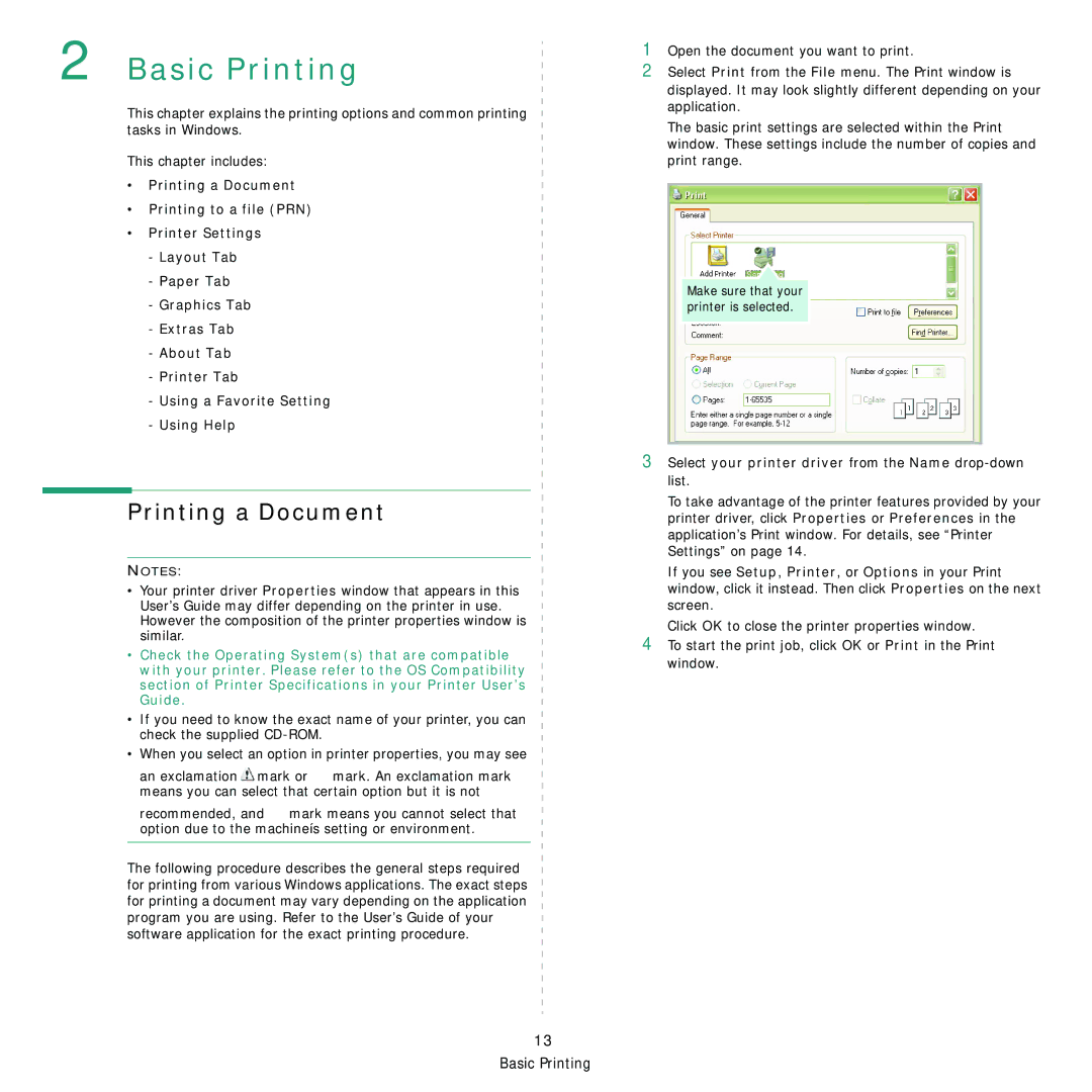 Samsung CLP-310 manual Printing a Document, Select your printer driver from the Name drop-down list 