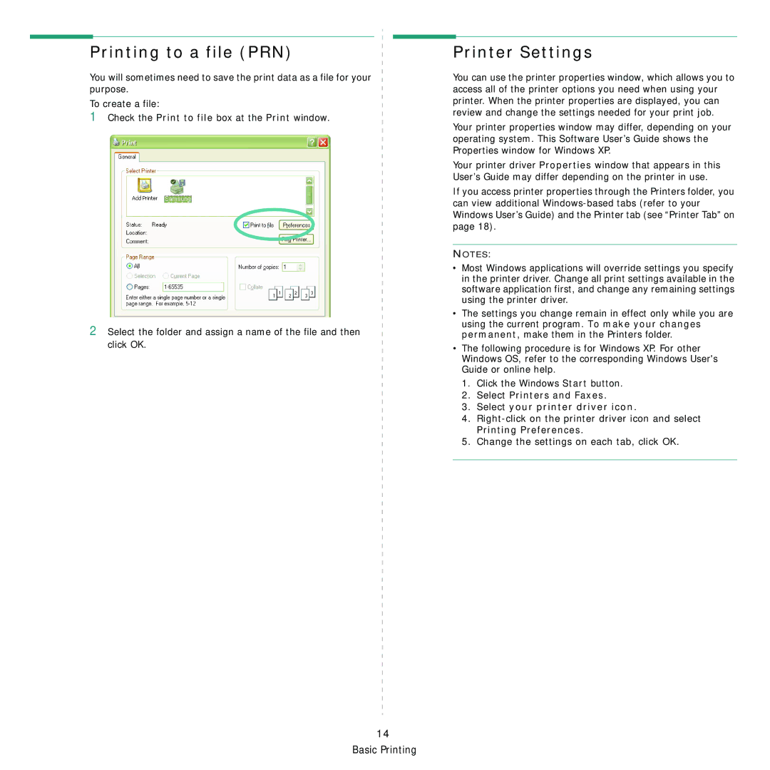 Samsung CLP-310 manual Printing to a file PRN, Printer Settings, Select Printers and Faxes Select your printer driver icon 