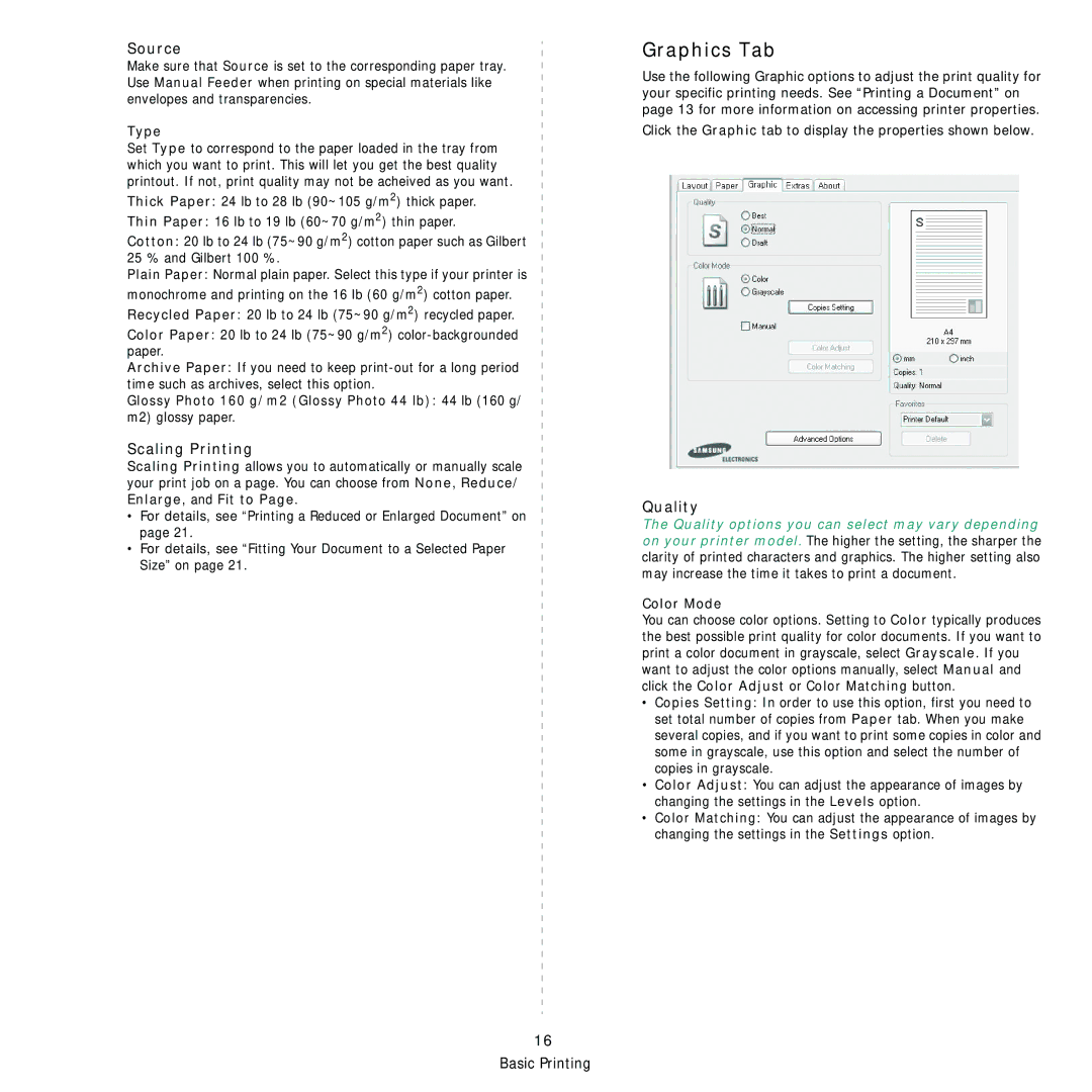 Samsung CLP-310 manual Graphics Tab, Type, Color Mode 