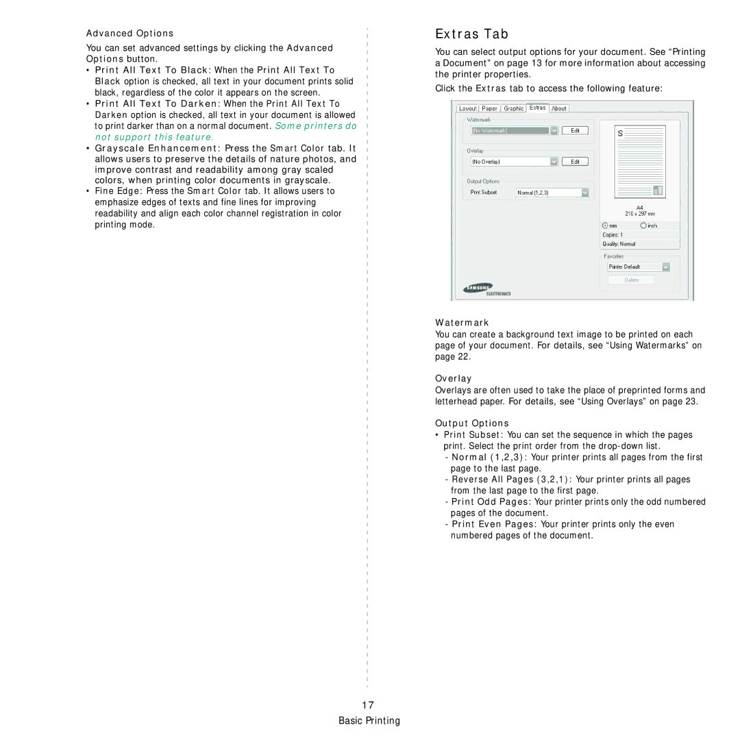 Samsung CLP-310 manual Extras Tab, Advanced Options, Watermark, Overlay, Output Options 