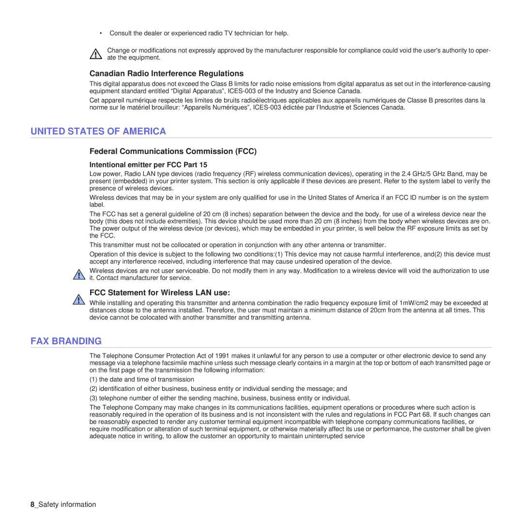 Samsung CLP-310 manual United States of America, FAX Branding, Canadian Radio Interference Regulations 