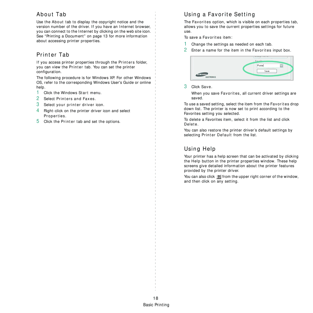 Samsung CLP-310 manual About Tab, Printer Tab, Using a Favorite Setting, Using Help, Properties 