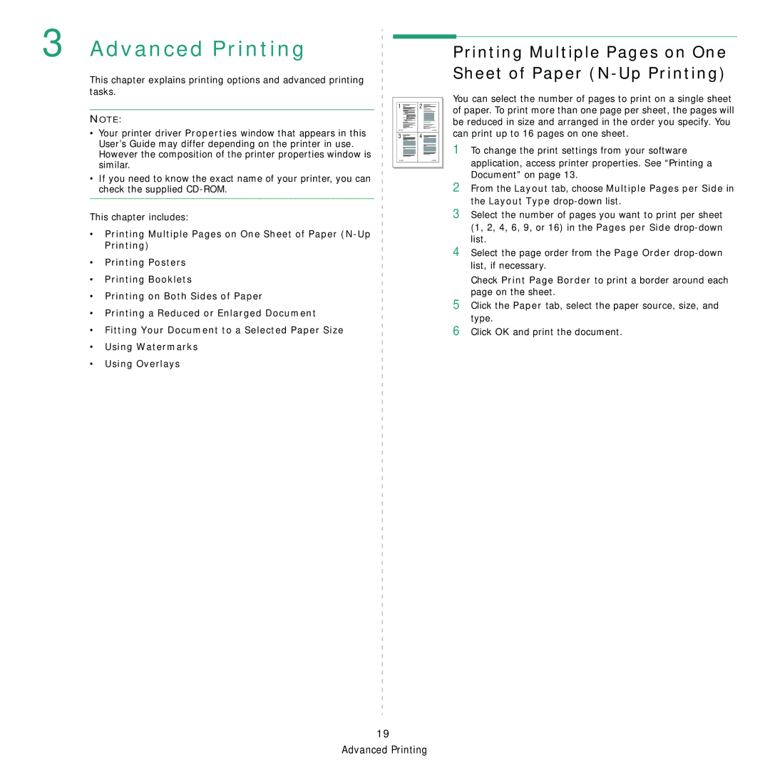 Samsung CLP-310 manual Advanced Printing, Printing Multiple Pages on One Sheet of Paper N-Up Printing 