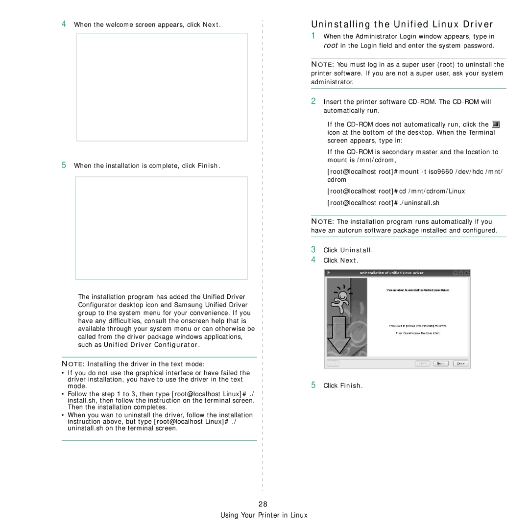 Samsung CLP-310 manual Uninstalling the Unified Linux Driver, Click Uninstall 