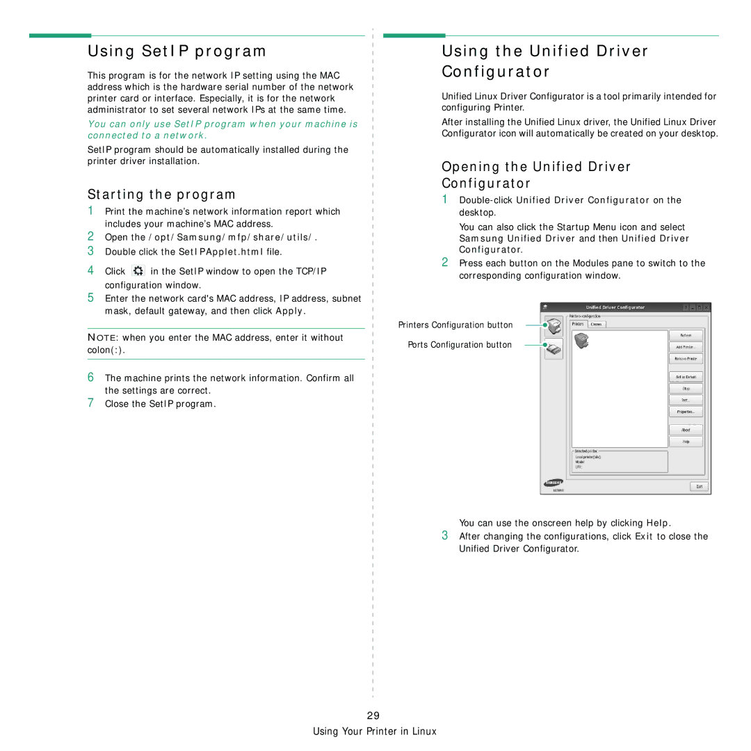 Samsung CLP-310 manual Using SetIP program, Using the Unified Driver Configurator, Starting the program 