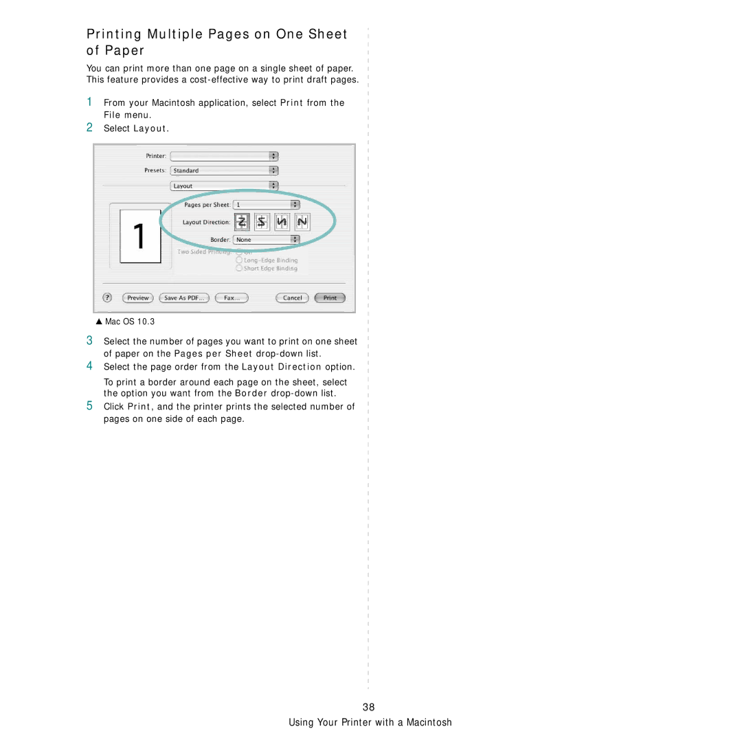 Samsung CLP-315N Printing Multiple Pages on One Sheet of Paper, Select the page order from the Layout Direction option 