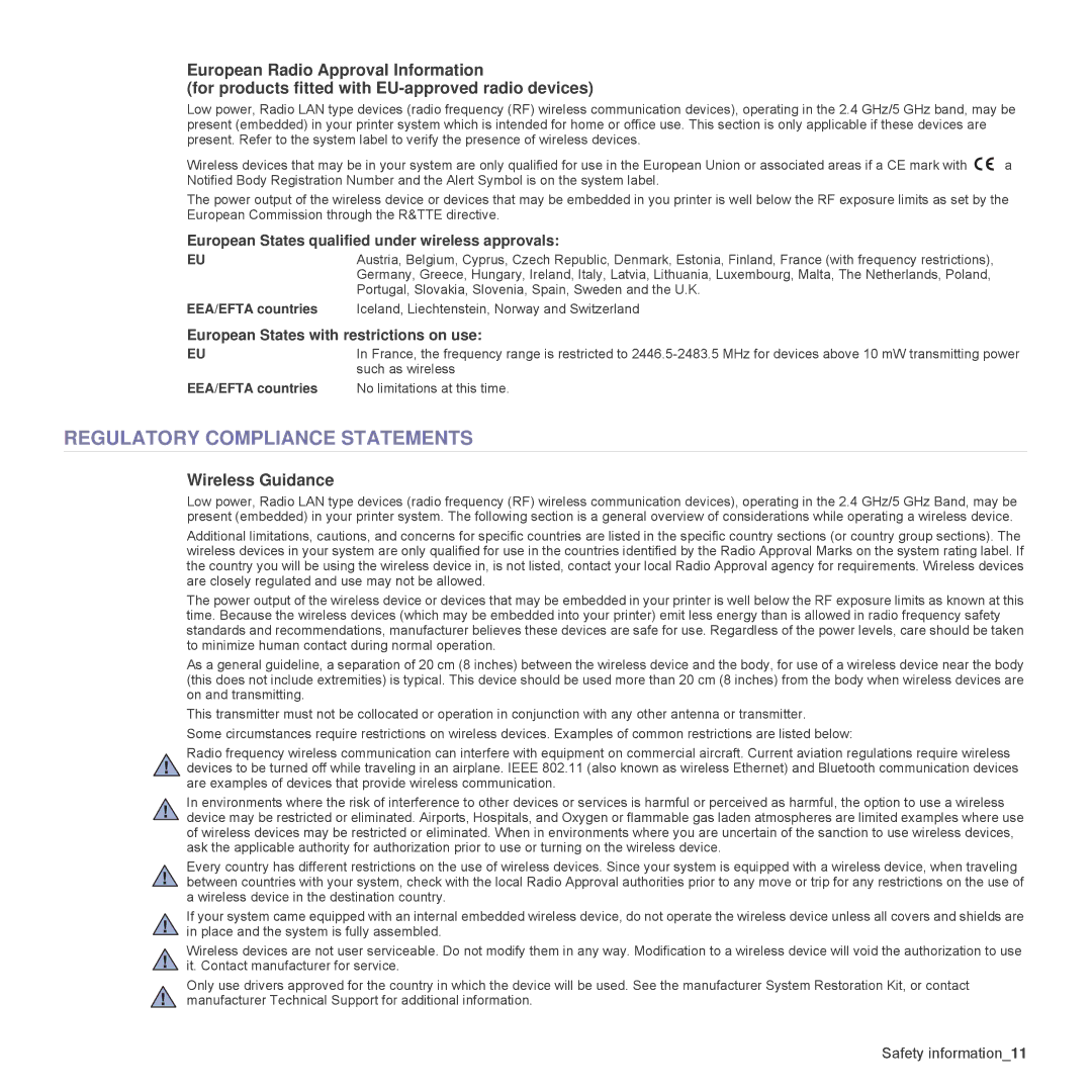 Samsung CLP-315N, CLP-310W manual Regulatory Compliance Statements, Wireless Guidance, EEA/EFTA countries 