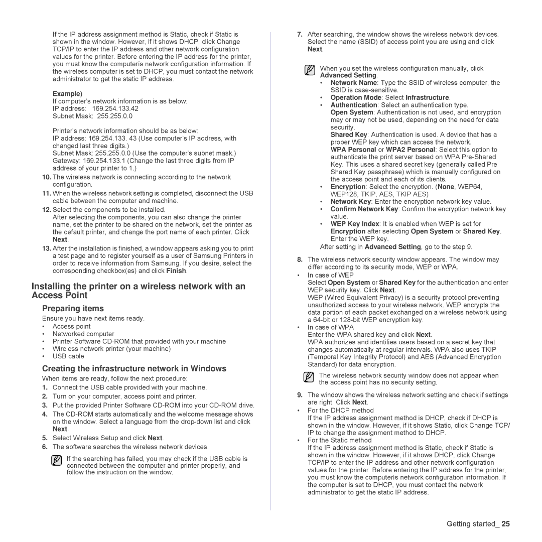 Samsung CLP-315N, CLP-310W Creating the infrastructure network in Windows, Example, Operation Mode Select Infrastructure 