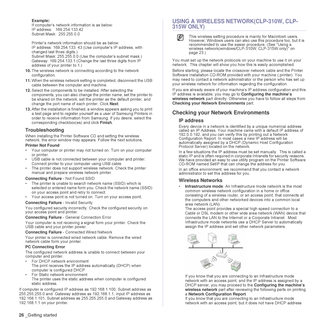 Samsung CLP-315N manual Using a Wireless NETWORKCLP-310W, CLP- 315W only, Troubleshooting 