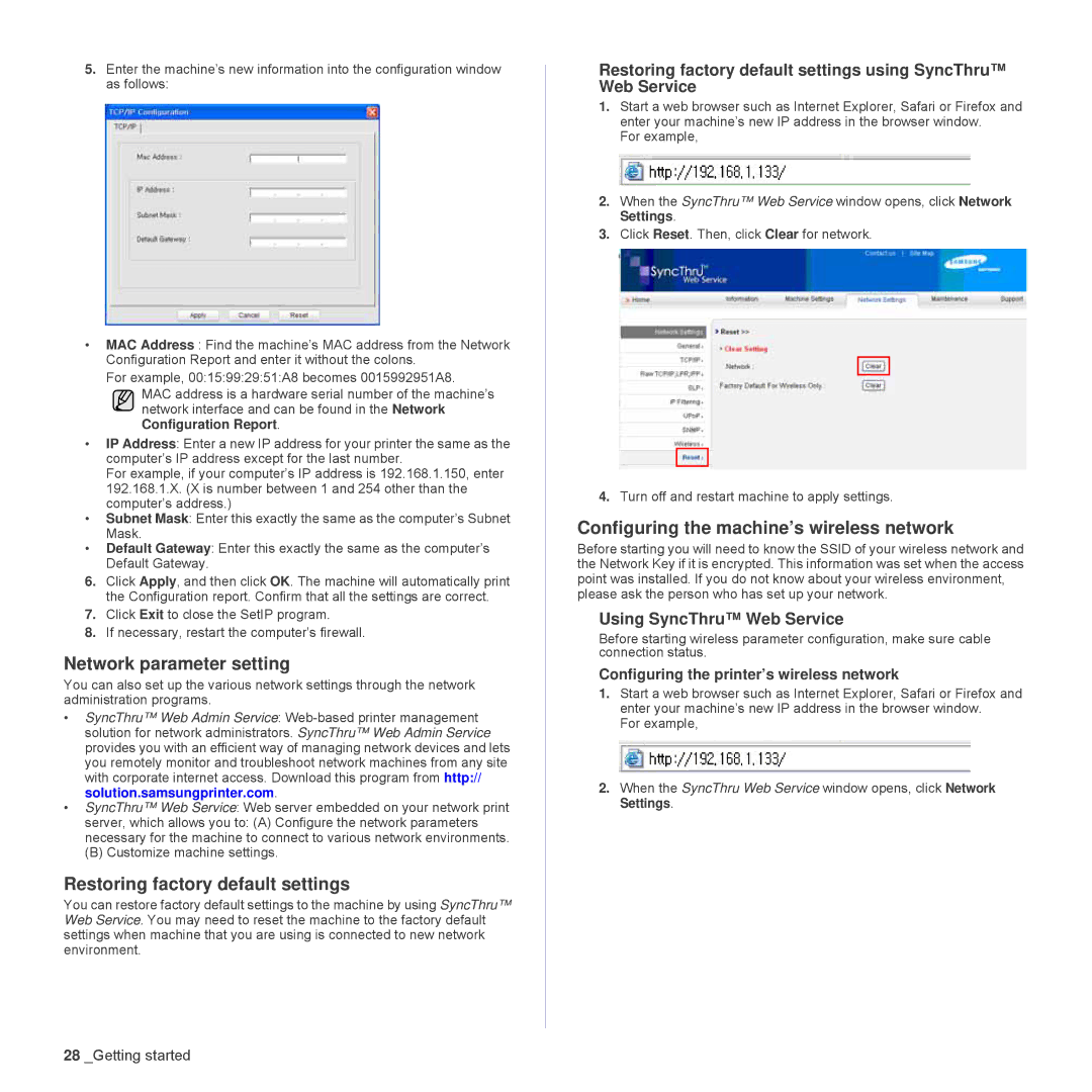Samsung CLP-310W, CLP-315N manual Restoring factory default settings, Configuring the machine’s wireless network 
