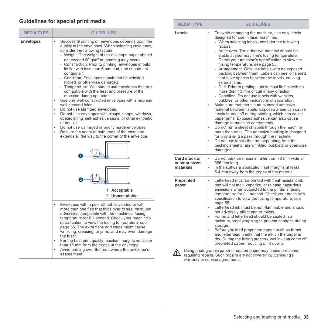 Samsung CLP-315N, CLP-310W manual Guidelines for special print media, Media Type Guidelines 