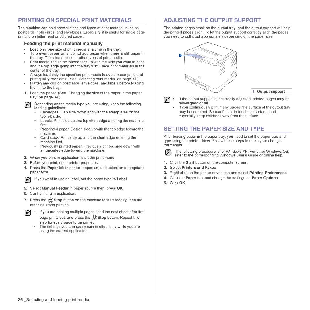 Samsung CLP-310W manual Printing on Special Print Materials, Adjusting the Output Support, Setting the Paper Size and Type 