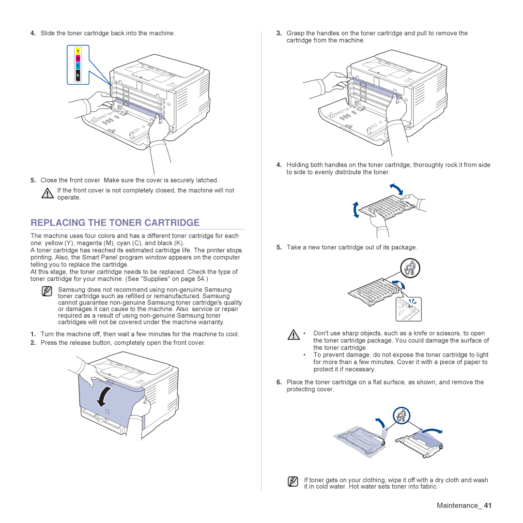 Samsung CLP-315N, CLP-310W manual Replacing the Toner Cartridge 