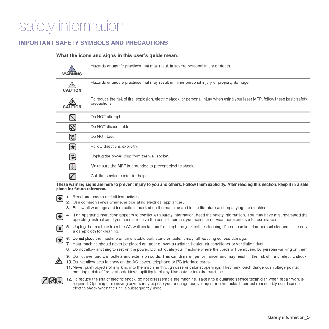 Samsung CLP-315N, CLP-310W manual Safety information, Important Safety Symbols and Precautions 