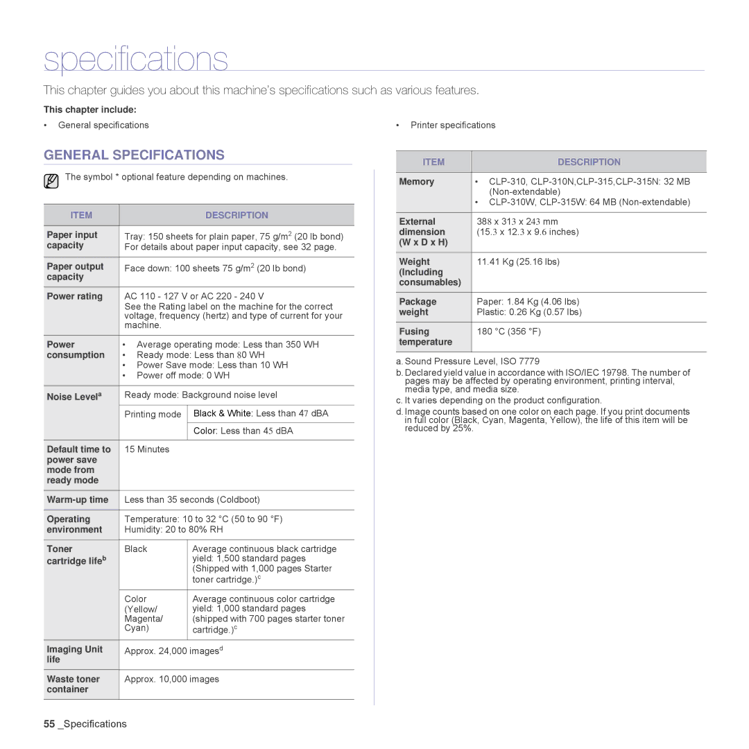 Samsung CLP-315N, CLP-310W manual General Specifications 