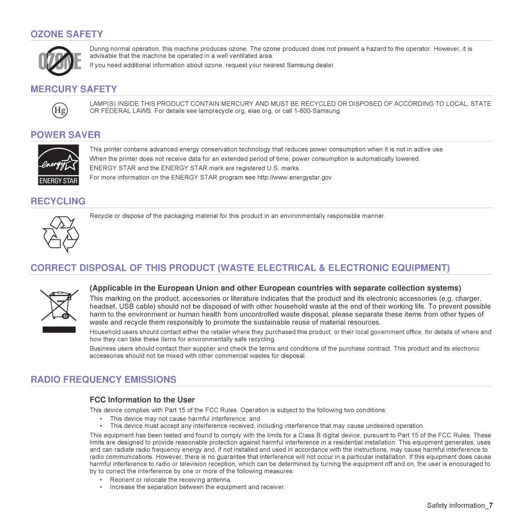 Samsung CLP-315N, CLP-310W manual Ozone Safety, Mercury Safety, Power Saver, Recycling, Radio Frequency Emissions 