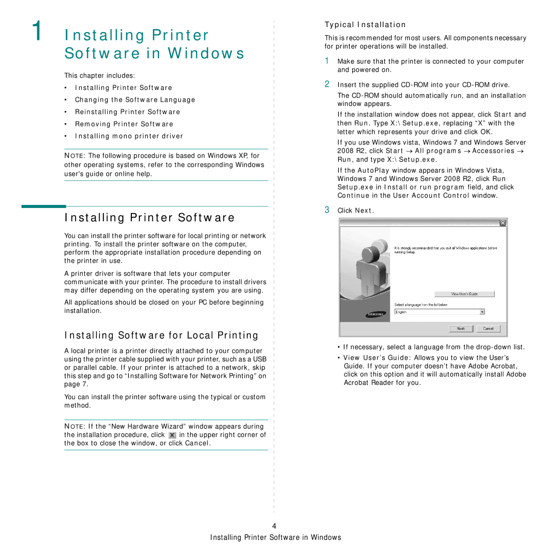 Samsung CLP-315N, CLP-310W manual Installing Printer Software, Installing Software for Local Printing 