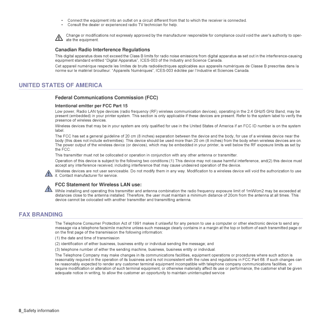 Samsung CLP-310W, CLP-315N manual United States of America, FAX Branding, Canadian Radio Interference Regulations 