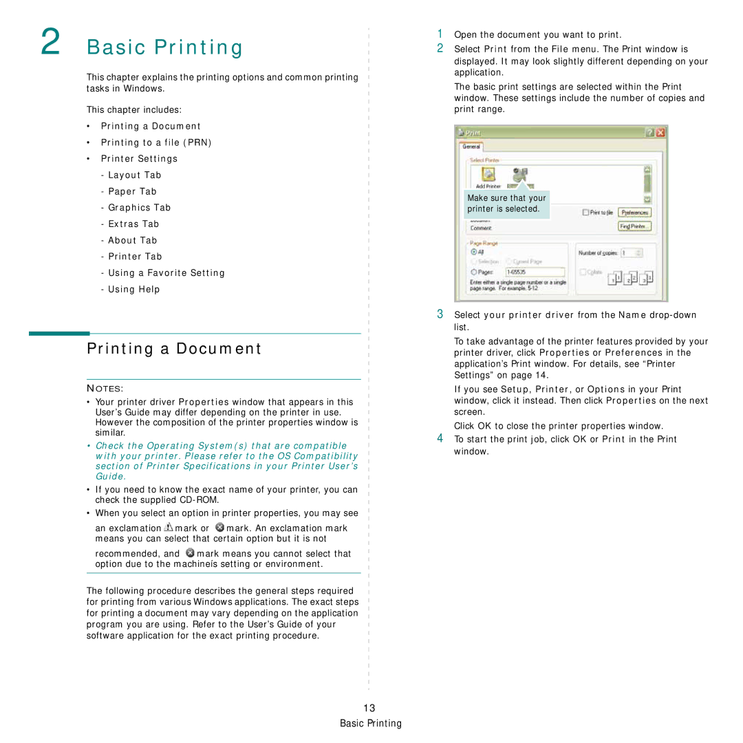 Samsung CLP-310W, CLP-315N manual Printing a Document, Select your printer driver from the Name drop-down list 