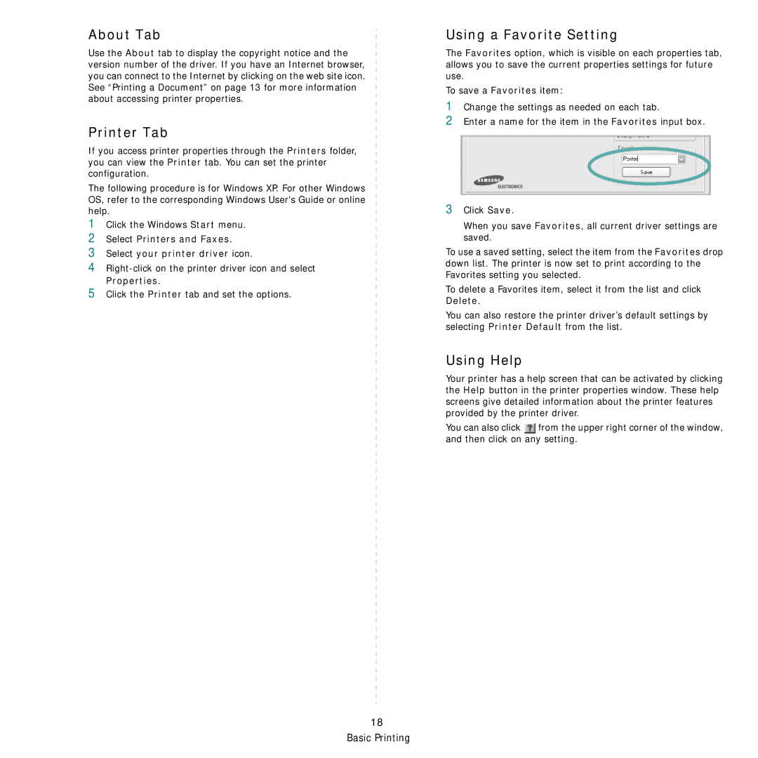 Samsung CLP-315N, CLP-310W manual About Tab, Printer Tab, Using a Favorite Setting, Using Help 