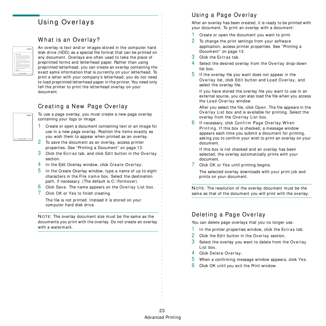 Samsung CLP-310W, CLP-315N manual Using Overlays, What is an Overlay?, Using a Page Overlay, Creating a New Page Overlay 