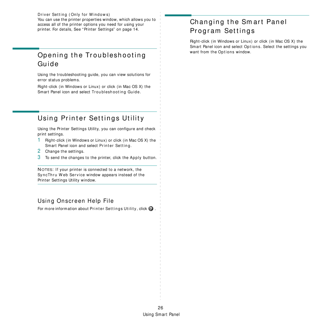 Samsung CLP-315N, CLP-310W Opening the Troubleshooting Guide, Using Printer Settings Utility, Using Onscreen Help File 