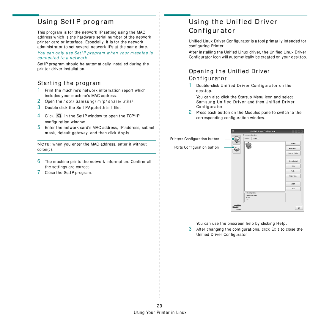 Samsung CLP-310W, CLP-315N manual Using SetIP program, Using the Unified Driver Configurator, Starting the program 