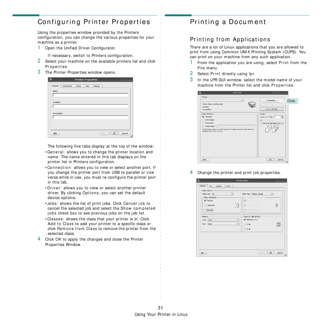 Samsung CLP-310W, CLP-315N manual Configuring Printer Properties, Printing from Applications 