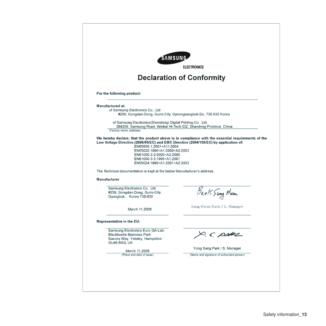 Samsung CLP-310N, CLP-310XAA manual Safety information13 