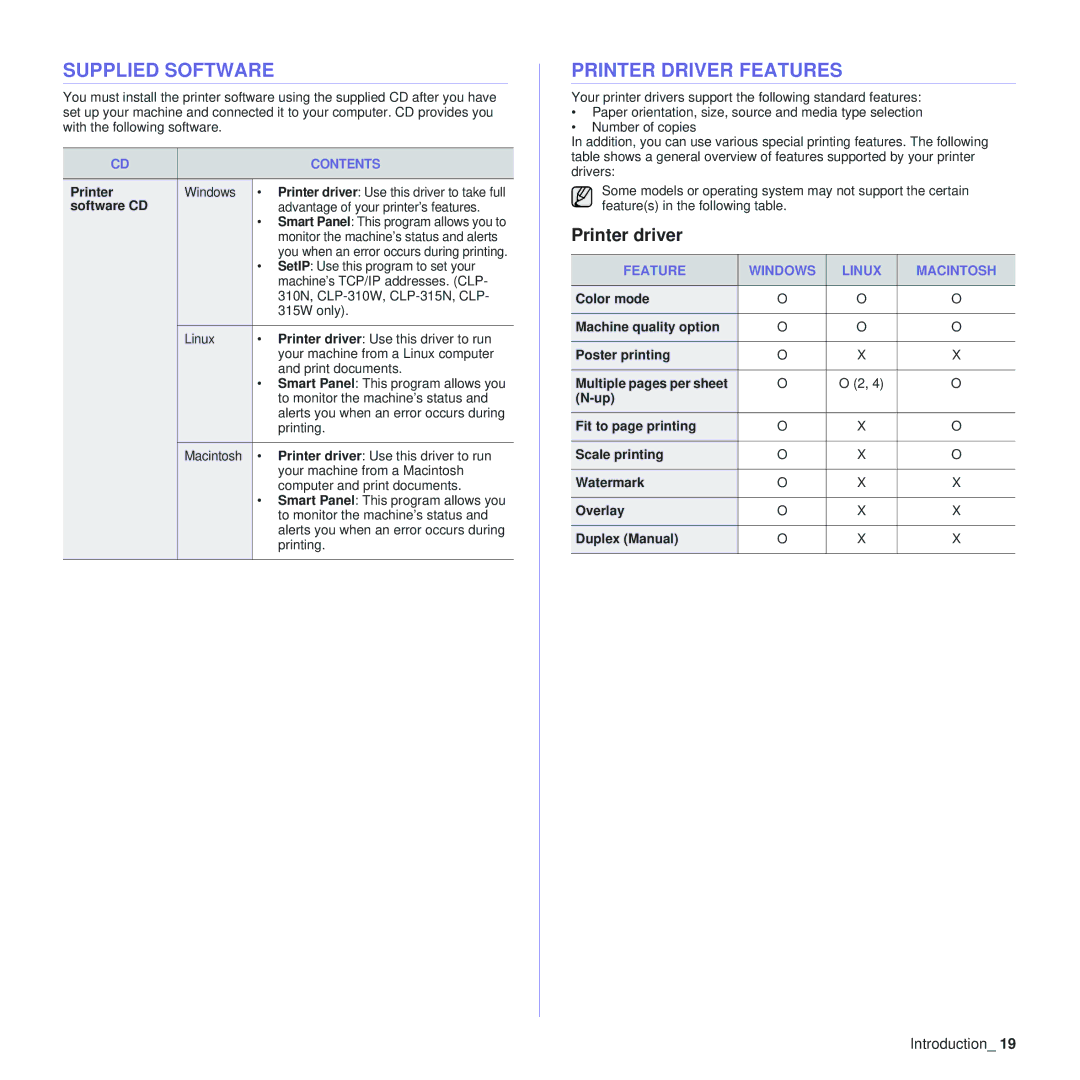 Samsung CLP-310N Supplied Software, Printer Driver Features, Printer driver, Contents, Feature Windows Linux Macintosh 