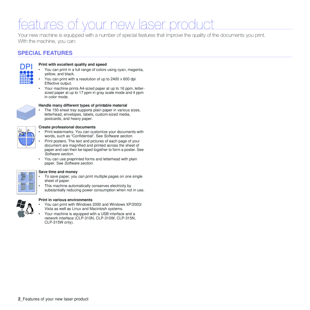 Samsung CLP-310XAA, CLP-310N manual Features of your new laser product, Special Features 