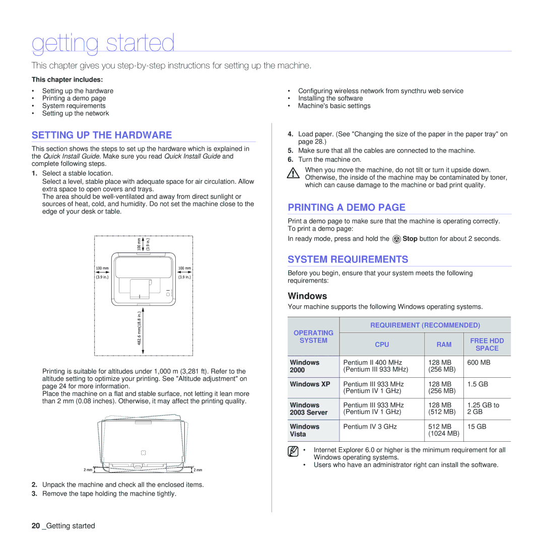 Samsung CLP-310XAA, CLP-310N manual Getting started, Setting UP the Hardware, Printing a Demo, System Requirements, Windows 